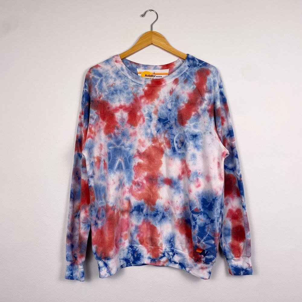 Aviator Nation Unisex Hand Dyed Fleece Sweatshirt Blue Pink Large